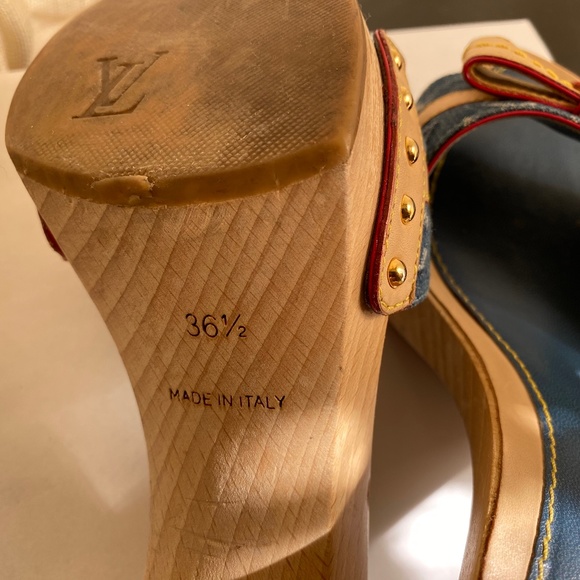 Louis Vuitton denim monogram heels mules tan leather slip on sandals slides blue - Picture 8 of 9